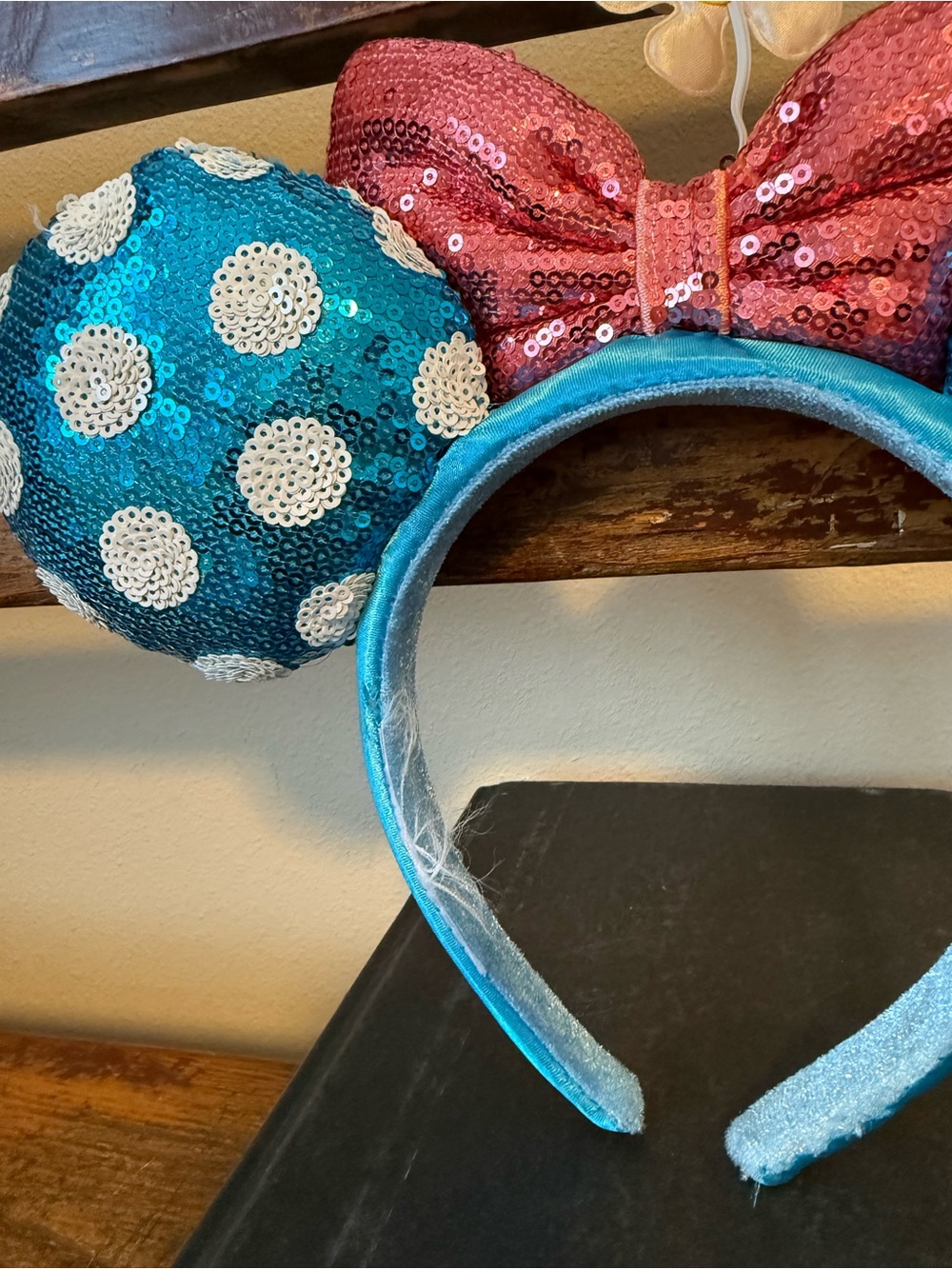 Disney Parks Minnie Mouse Ears Sequined Headband Blue Polka Dot Pink Bow Mickey - Picture 5 of 6